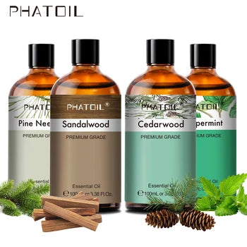 PHATOIL : Lot Huiles Essentielles 100ml - Bois de Santal, Lavande, Eucalyptus, Menthe Poivrée, Citronnelle, Vanille - Aromathérapie Premium