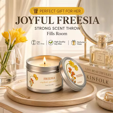 Bougie Parfumée Freesia Cire de Soja - Décoration Florale Printanière & Cadeau Frais