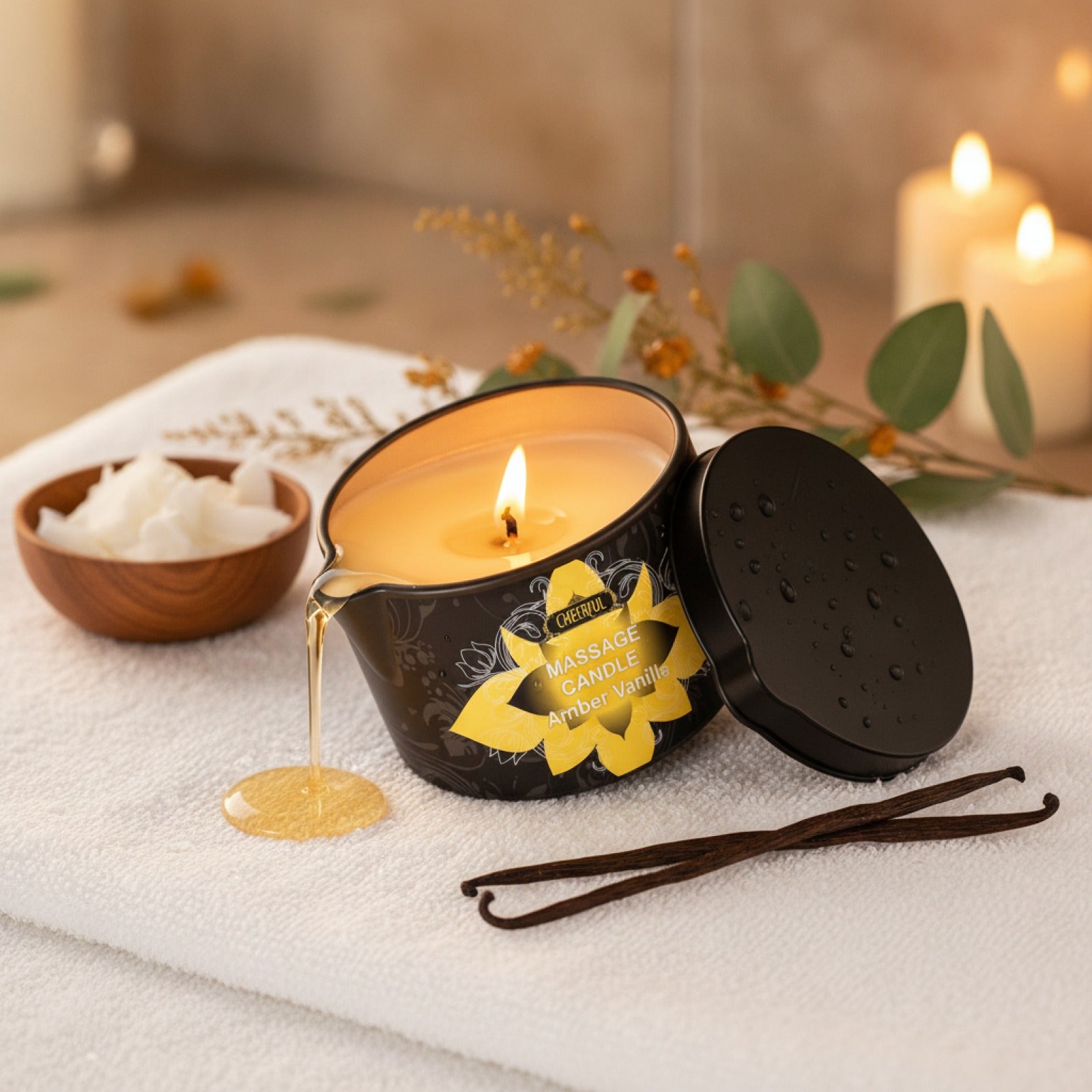 Bougie de Massage Vanille & Ambre - Cire de Soja Naturelle pour Soins Spa à Domicile