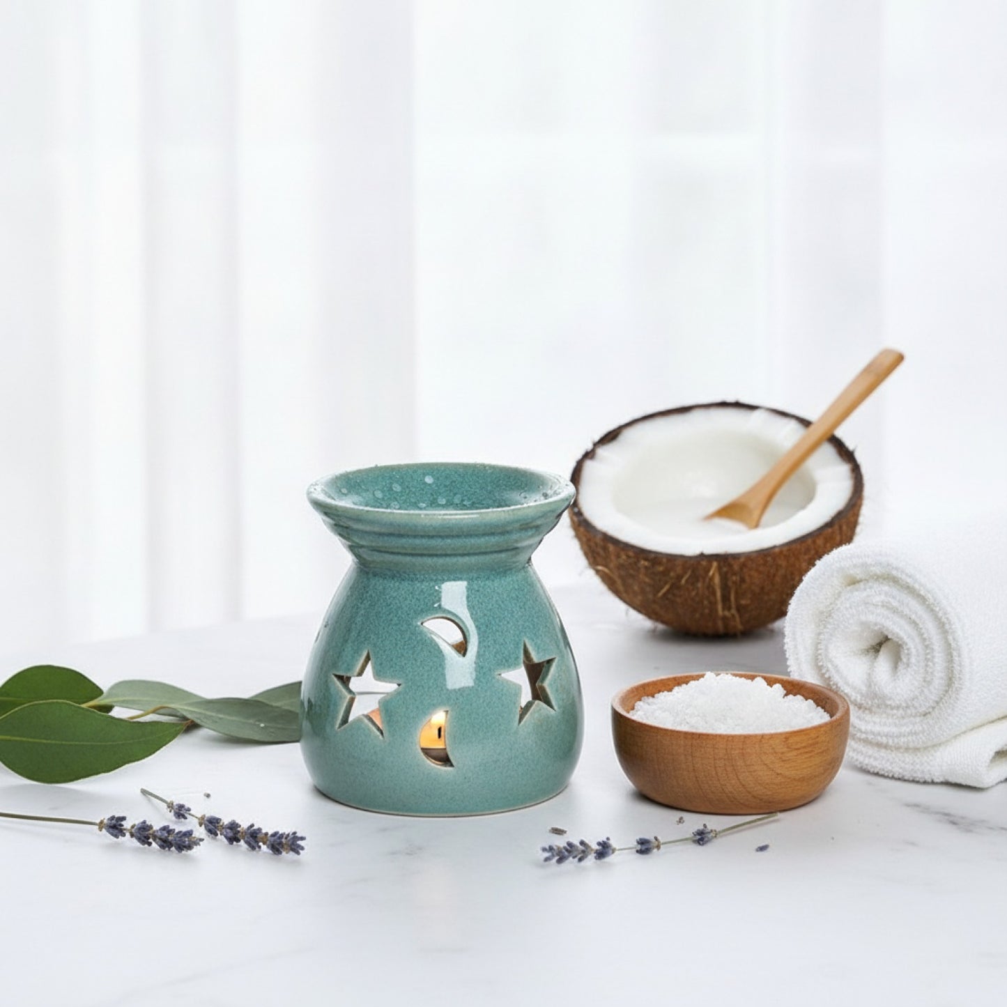 Bougeoir en Porcelaine Étoile & Lune - Diffuseur d'Huiles Essentielles Creux