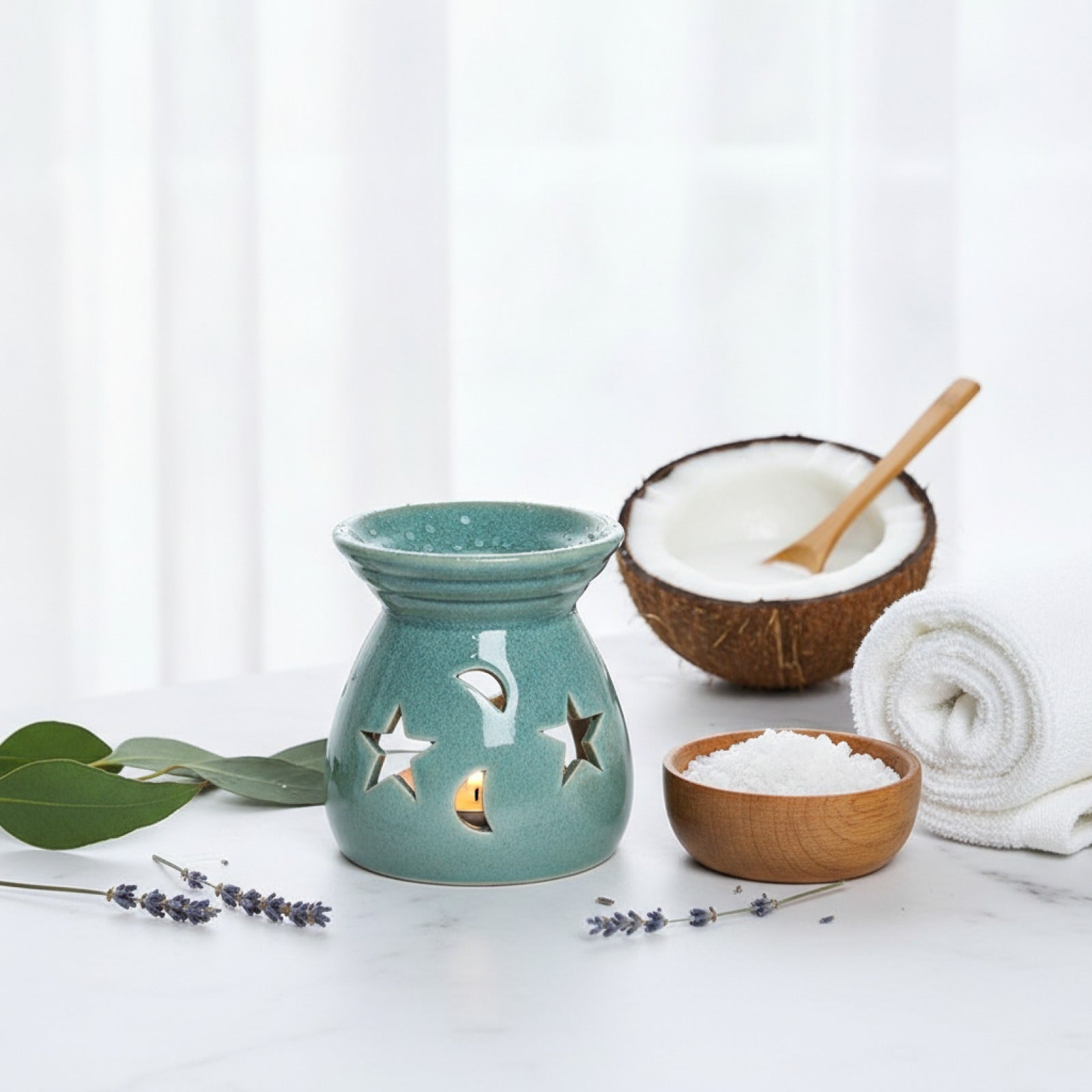 Bougeoir en Porcelaine Étoile & Lune - Diffuseur d'Huiles Essentielles Creux