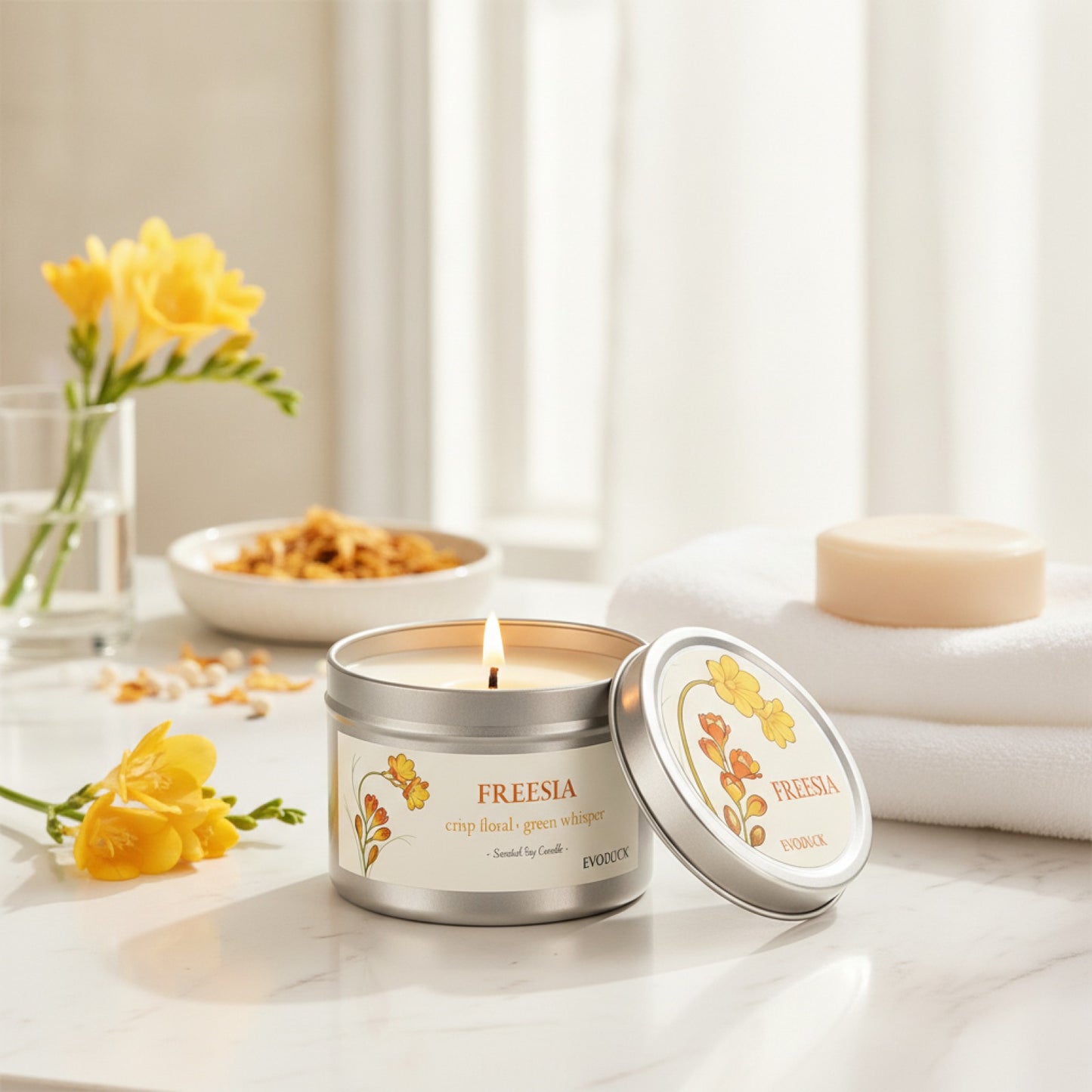 Bougie Parfumée Freesia Cire de Soja - Décoration Florale Printanière & Cadeau Frais