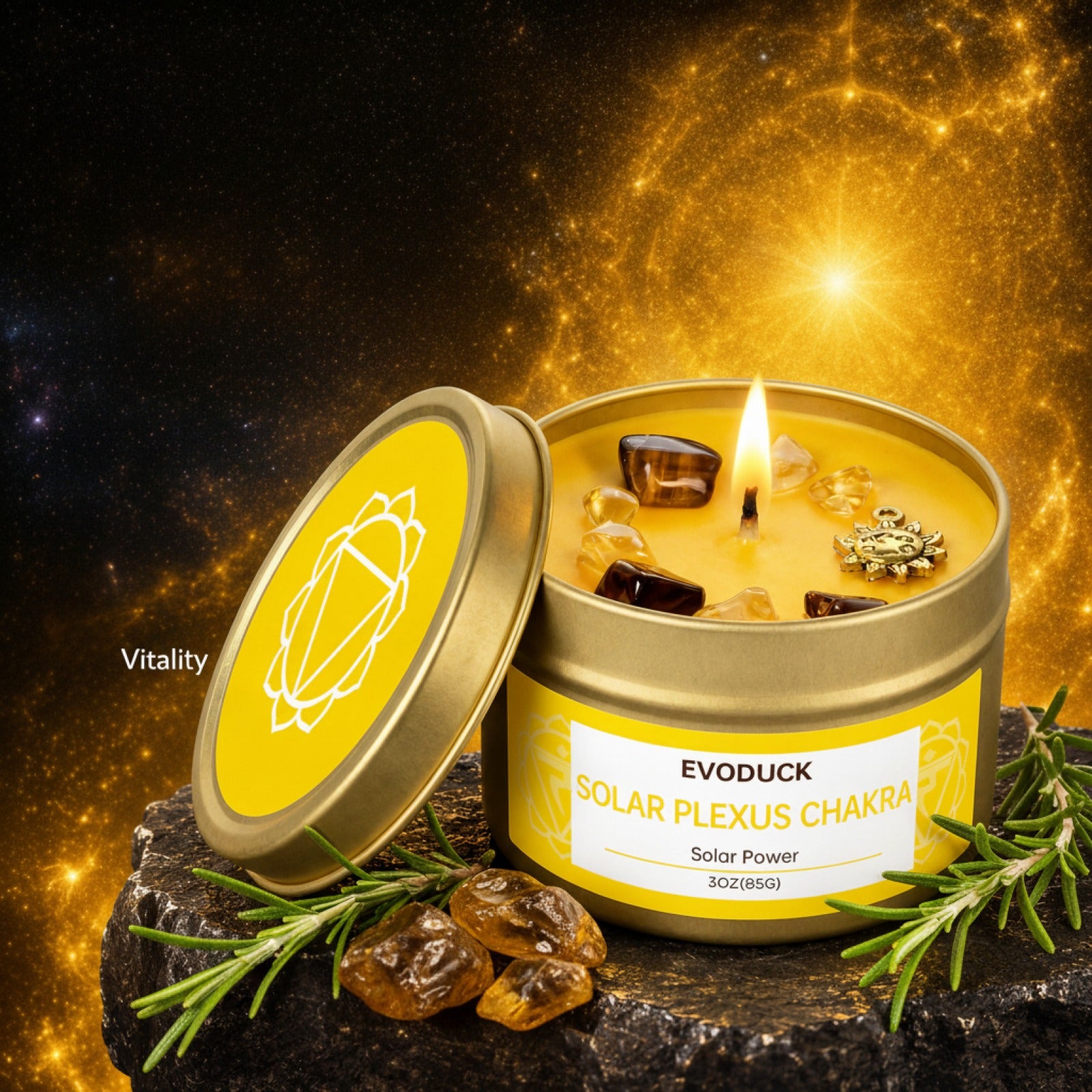 Bougie Parfumée Romarin & Cristaux Plexus Solaire - Déco Spirituelle Yoga & Méditation