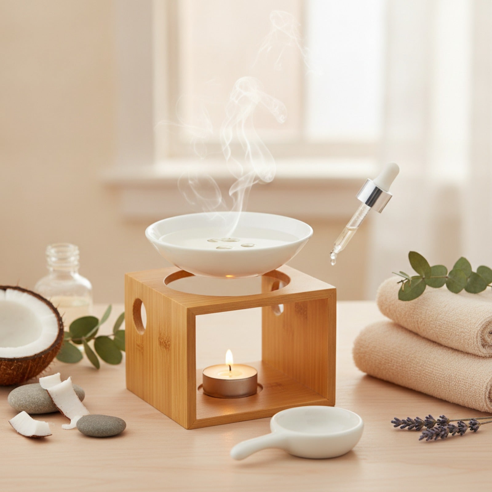 Photophore Aromathérapie en Bambou - Diffuseur Huiles Essentielles & Bougeoir Chauffe-Huile