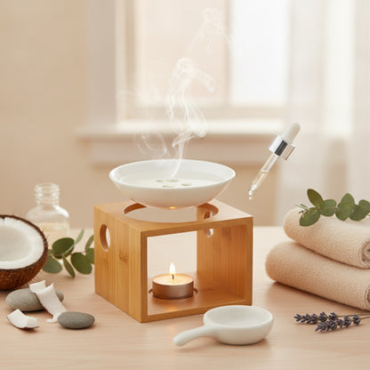 Photophore Aromathérapie en Bambou - Diffuseur Huiles Essentielles & Bougeoir Chauffe-Huile