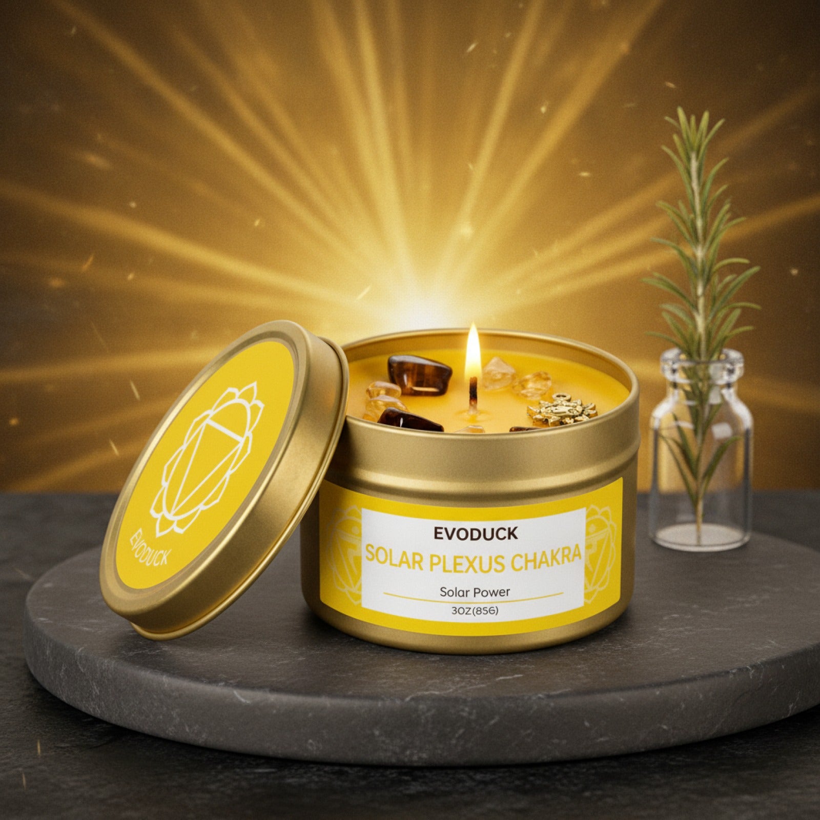 Bougie Parfumée Romarin & Cristaux Plexus Solaire - Déco Spirituelle Yoga & Méditation